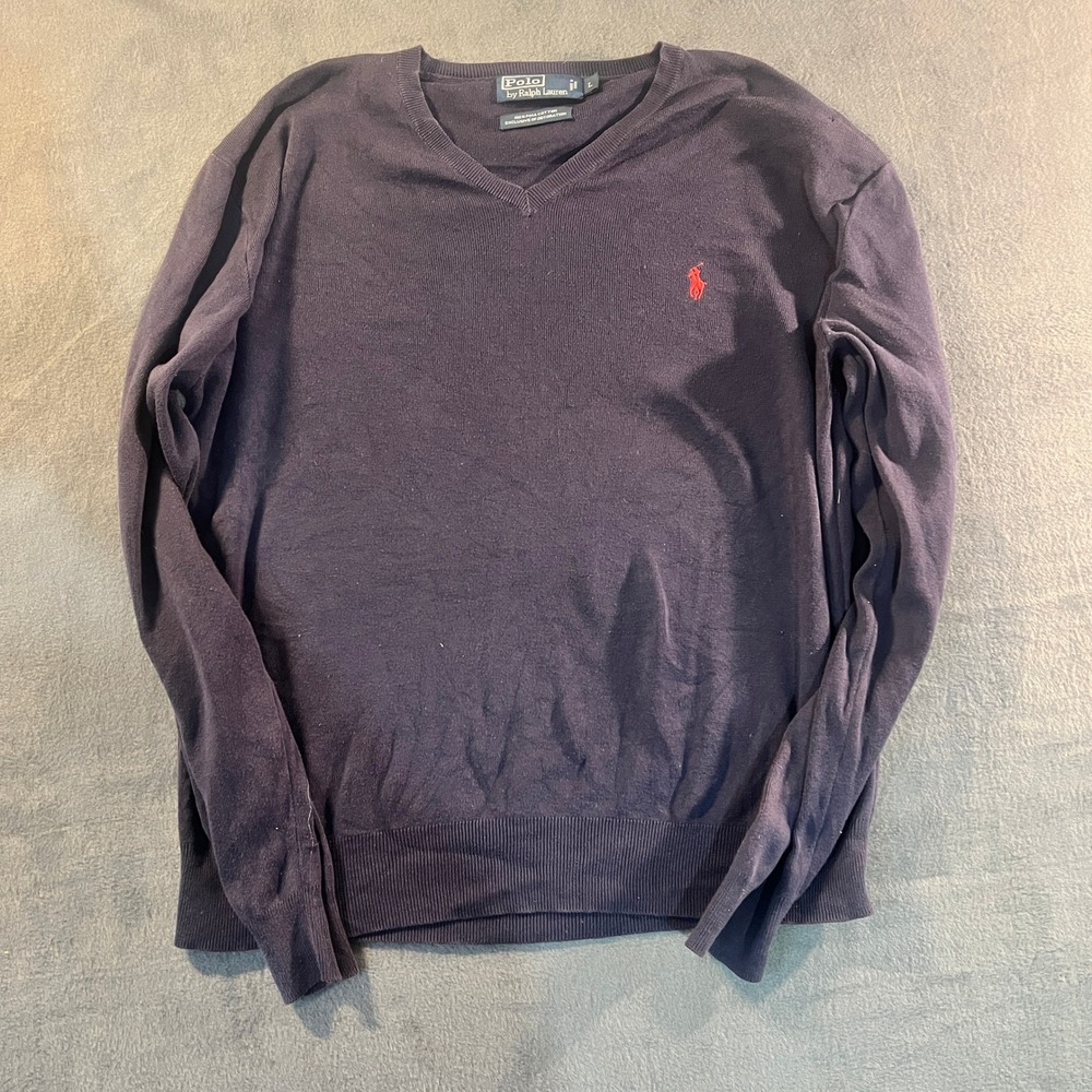 Polo Ralph Lauren Mens Large Navy Blue 100% Pima Cotton V-Neck Pony Logo Sweater